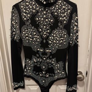 Black Long Sleeve Bodysuit with Pearl Embellishments